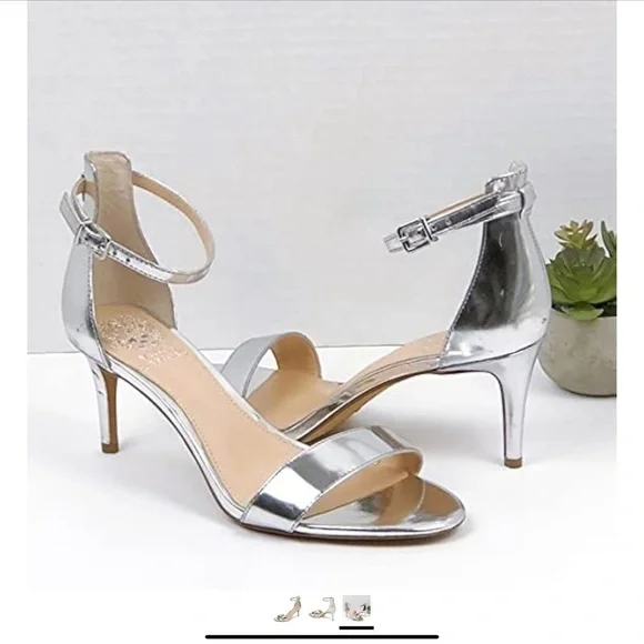 NIB VINCE CAMUTO SEBATANI SILVER METALLIC HEEL ANKLE STRAP DRESS HEEL SANDALS - Picture 1 of 6